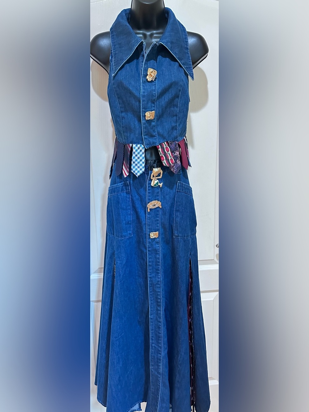 Upcycled urban revivo made Denim Maxi Skirt set with tie detail size XL/14 - Picture 3 of 3